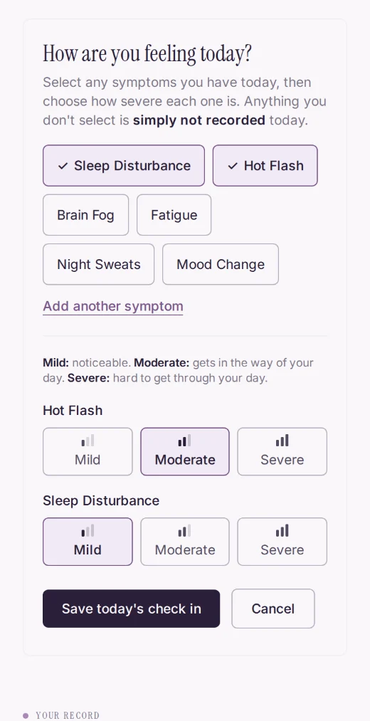 The EMBR daily check in, with Hot Flash and Sleep Disturbance selected and a severity in words for each